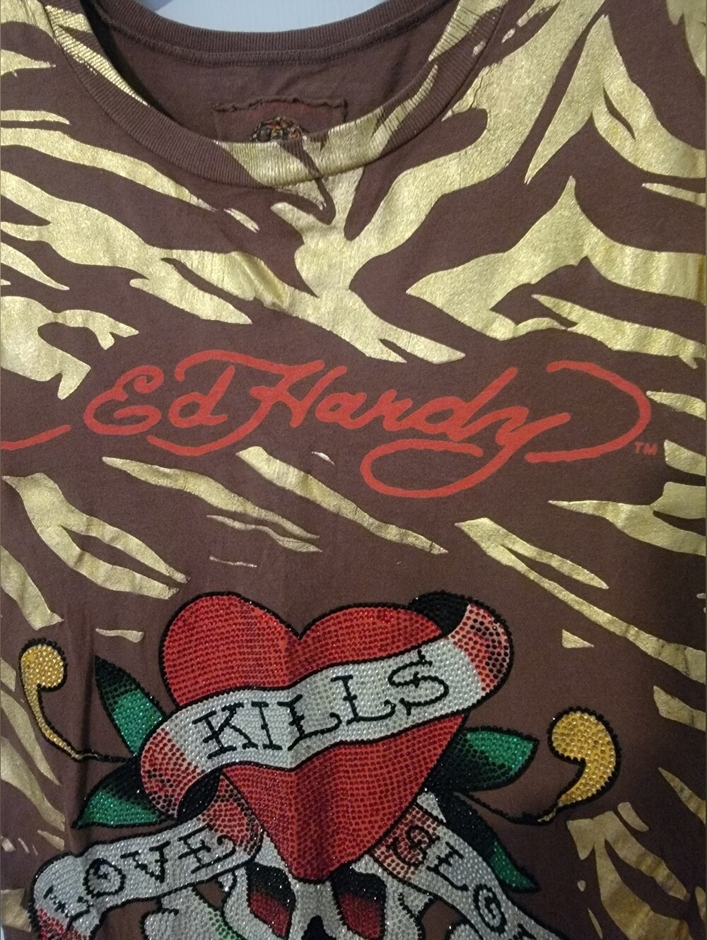 Vintage 90's Ed Hardy Rhinestone Skull/Gold/Brown Zebra Print/Mini Dress, Medium - Picture 12 of 12